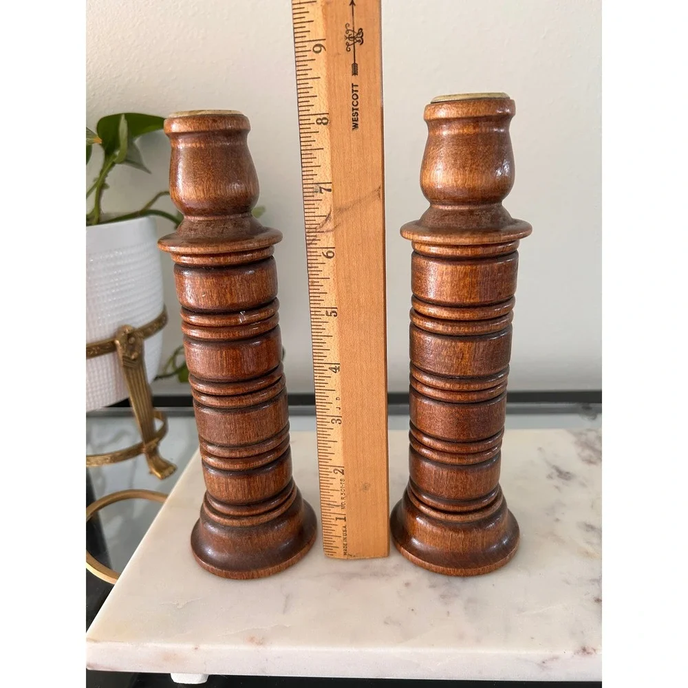 Vintage MCM 3-in-1 Wooden Turned Candlesticks with 8 Stacking Napkin Rings Set